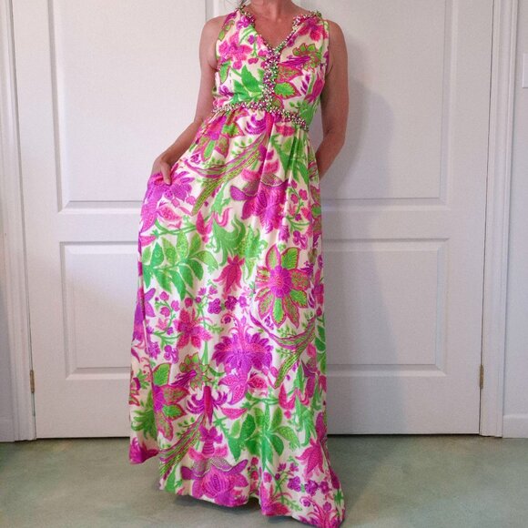 Rare Vintage 60s Malcolm Starr Silk Evening Gown | Rhinestone Detail | M–L - Picture 1 of 11